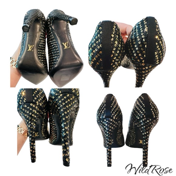 Louis Vuitton LV ‘Midnight Sun’ Black & Gold Sequins Pointy Toe Leather Pumps 36 - Picture 15 of 16